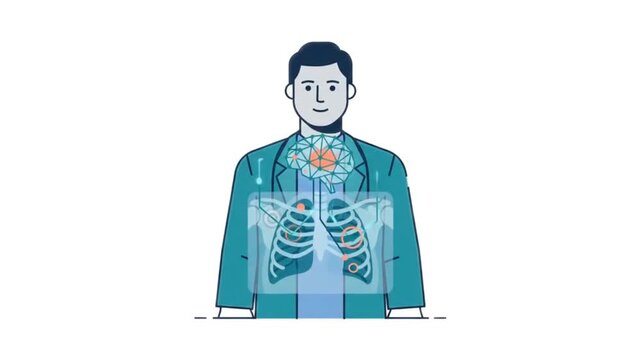 Doctor stands calmly with transparent X-ray chest image