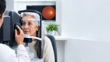 Fototapeta premium Woman using facial scanning device with assistant in indoor setting