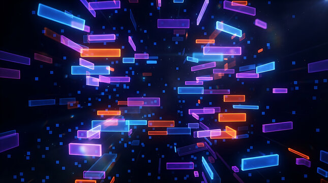 Glowing rectangles and squares in blue purple and orange float in dark space with mesmerizing array glowing orange hues suspended abstract background
