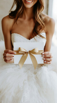 Noiva sorridente segurando um cart&atilde;o em branco com la&ccedil;o dourado, ideal para convite de casamento ou vale-presente