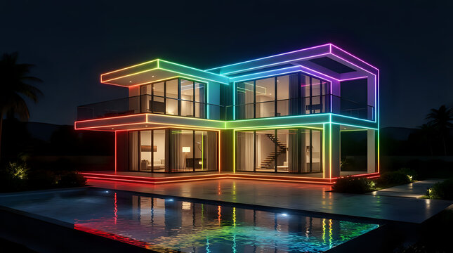 Modern luxury villa exterior at night with rainbow neon architectural lighting