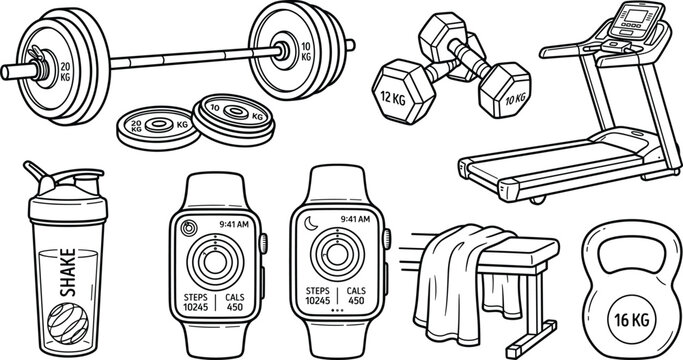 Fitness and Gym Workout Line Icon Set with Barbell, Dumbbells, Treadmill, Smartwatch Fitness Tracker, and Kettlebell Vectors