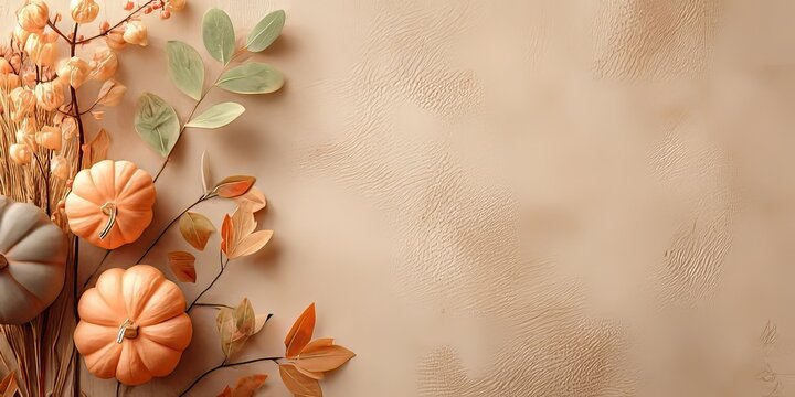 Minimal Fall Flat Lay Background With Neutral Beige Color Palette Decorated With Small Pumpkins
