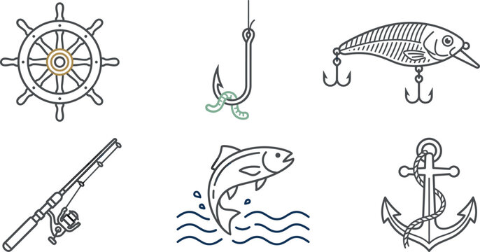 Fishing and Nautical Line Icon Set with Fishing Rod, Hook with Worm, Jumping Fish, Anchor, and Ship Steering Wheel Vectors