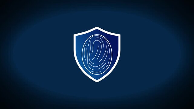 White shield icon with a fingerprint in the center on a dark blue background, symbolizing digital security, identity protection, privacy, and safe access.