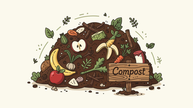 Organic Compost Heap with Food Waste and Wooden Sign Illustration