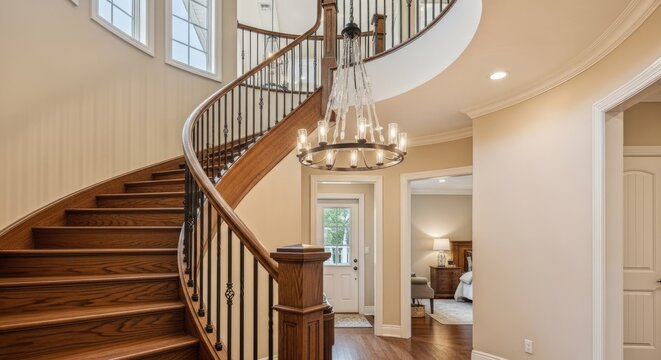 Elegant curving staircase dominates the foyer of a brightly lit, contemporary residence