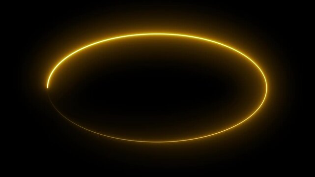 Glowing golden oval light ring on a black background, creating a simple abstract neon frame with a modern, futuristic feel and strong contrast.
