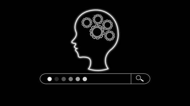 Human head silhouette displays internal mechanical brain cogwheels animation. Advanced brain cogwheels map logical functions. Smart brain cogwheels process metrics data.