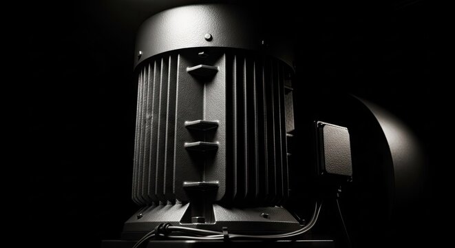 Industrial electric motor assembly is dramatically illuminated against a dark background
