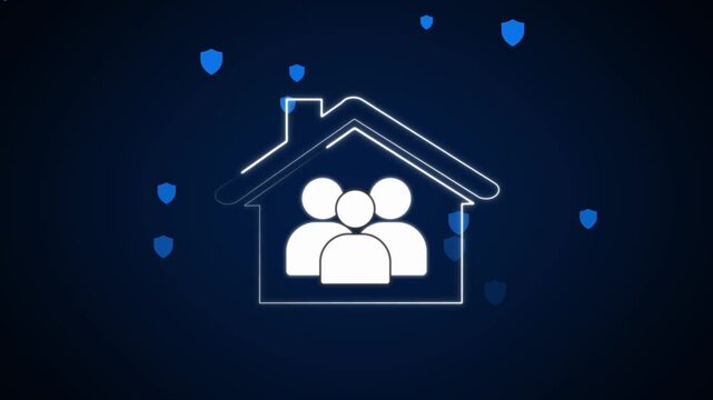 Family security shield icon layers protect real estate properties and people. Safe corporate housing platforms display a family security shield icon diagram window.