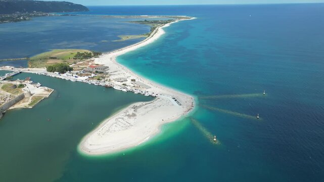 Aerial view of the beautiful sand spit and turquoise sea in lefkada