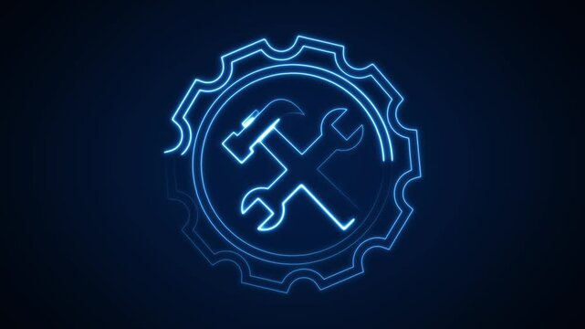 Mechanical repair tools graphic spins inside system cogwheels on dark layouts. Factory automated machinery setups apply a mechanical repair tools graphic monitoring.