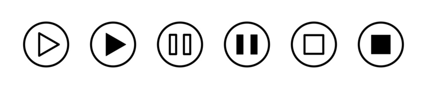 Media Controls thin line icon set. Play, Pause, Stop, Multimedia, Video, Music Player Control Buttons. Black outline vector icons collection.