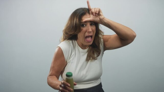 Middle aged woman holding green juice bottle, making l sign on forehead and pointing the bottle toward camera in studio; mocking attitude.