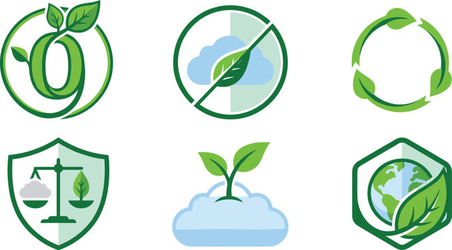 Net Zero Carbon Emissions and Green Ecology Icon Set with Recycle Arrow, Planet Earth, and Environmental Shield Vectors