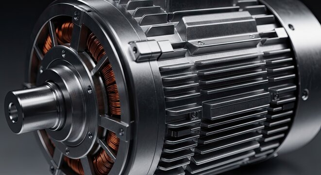 Detailed  view of a metallic industrial electrical machine component shows winding detail