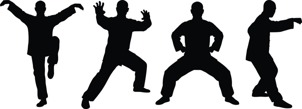 Tai Chi Silhouette Vector Set Featuring Kung Fu Masters Performing Traditional Chinese Martial Arts Poses, Stances, And Qigong Movements For Exercise Concepts