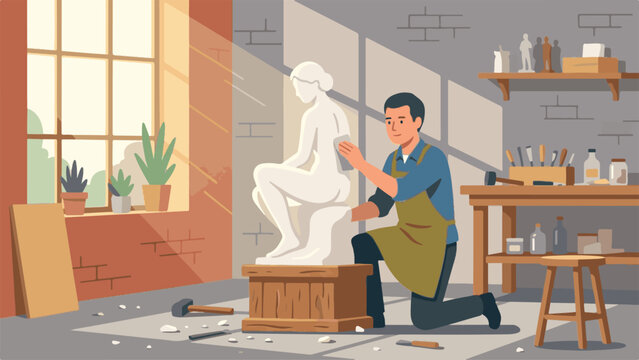 Artist kneels chiseling statue in studio workshop