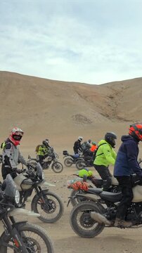 Vertical Shot of Adventure Motorcyclists Off-Roading in Ladakh, India