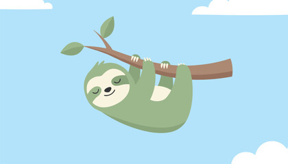 Fototapeta premium Cute green sloth hanging peacefully from a thin tree branch against bright blue sky with light white clouds.