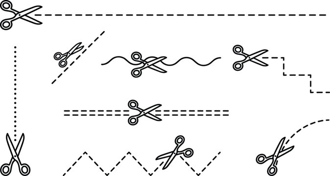 Scissors with Dashed Cut Lines Icon Set Featuring Curved Wave Dotted and Zigzag Guide Patterns for Voucher Coupon Designs