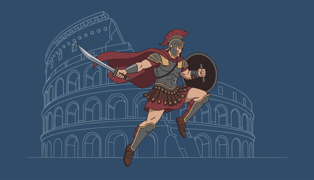 Powerful Roman gladiator jumping with a sword and shield in front of a white outline of the Colosseum in Rome.