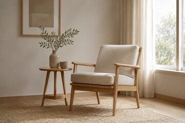 Fototapeta premium Minimalist Nordic chair and side table in neutral tones, bathed in soft natural light.