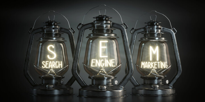 SEM, Search Engine Marketing - Vintage Kerosene Lanterns - 3d illustration
