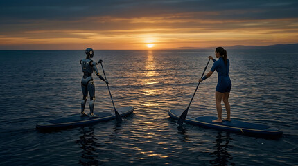 Fototapeta premium Summer paddleboarding with robot powered by artificial intelligence