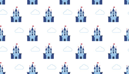 Naklejka premium Cute seamless wallpaper pattern showing blue castles with red flags and white outline clouds over a solid background.