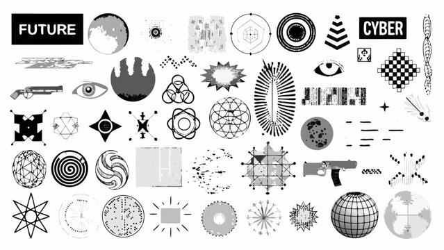 Collection of grayscale vector illustrations featuring geometric shapes futuristic elements and stylized objects on a white background