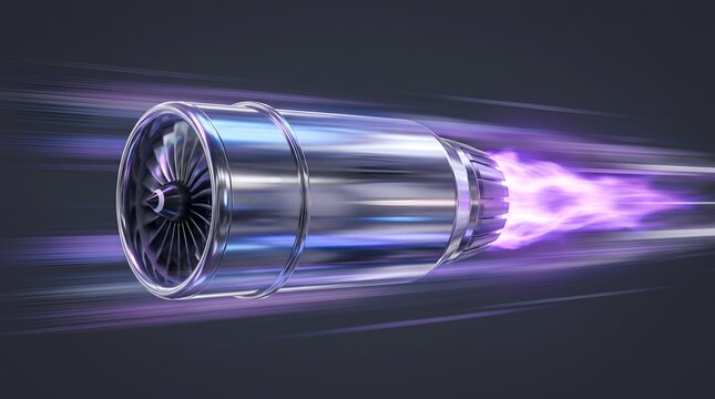Metallic jet engine flying fast with purple exhaust flames in motion