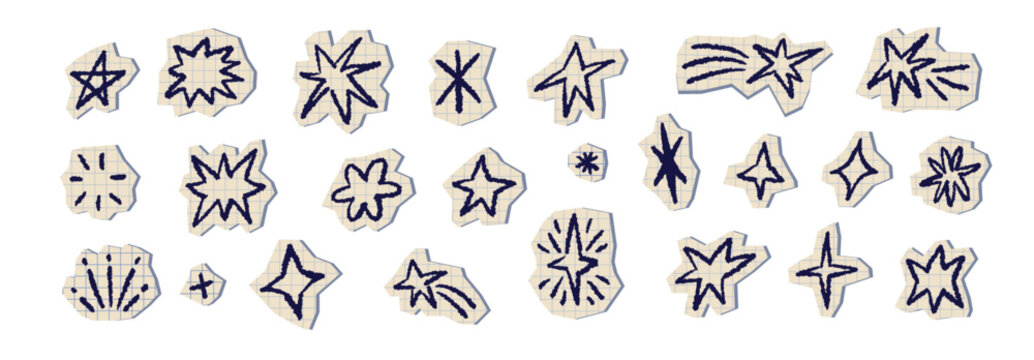 Irregular shapes cut out of craft colored paper stars shape. . Cut color explosion shapes with torn edge in scrapbook style