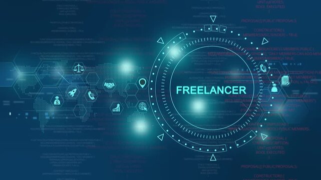 Freelancer digital hud interface with global network connectivity and data analytics motion technology
