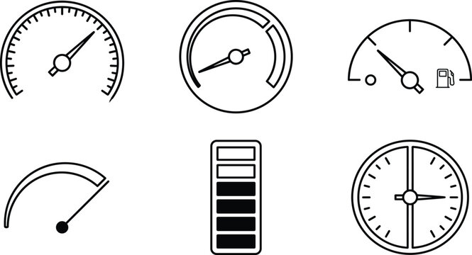 Car Dashboard Gauge and Speedometer Line Icon Set with Fuel Indicator, Battery Level, and Clock Vectors for Automotive Designs