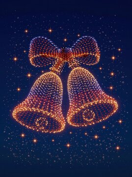holiday drone light with thousands of drones forming two elegant Christmas bells tied together with a large festive bow