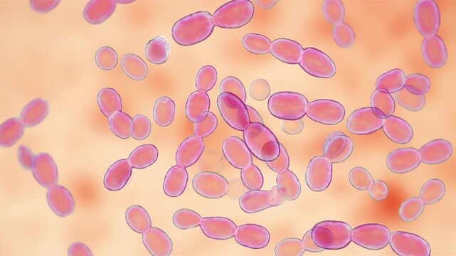 Rhodotorula yeast cells, 3D animation showing oval budding yeast cells with smooth surface and characteristic pink carotenoid pigmentation.