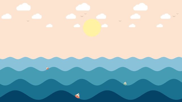 Minimalist flat vector illustration of sea waves with sailboats under a bright sun and clouds for summer travel background