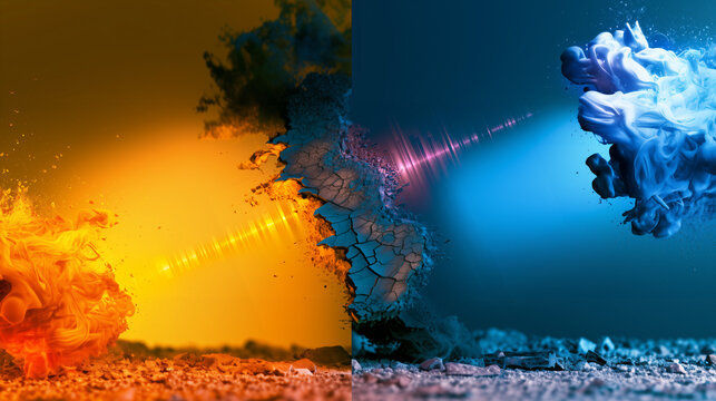 old and new divided abstract design, retro and futuristic split poster background with bold contrast, past versus future dual background with neon and vintage textures
