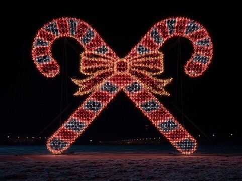 two crossed candy canes tied together with a festive ribbon, Christmas street light decoration