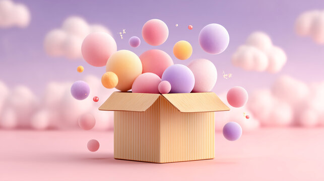 Cardboard box with colorful pastel spheres and spark elements floats against dreamy sky with fluffy clouds, creating whimsical e commerce hero banner
