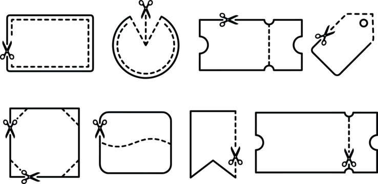 Blank Coupon Voucher Templates and Hang Tag Outlines with Scissors and Dashed Cut Lines for Promotional Sales and Discounts