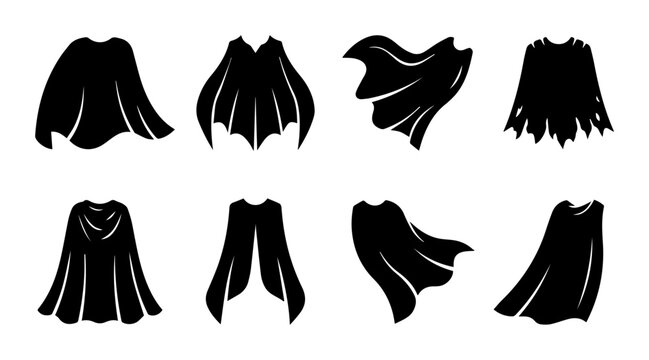 Superhero Capes Vector Icons, Black Cloak Silhouettes for Fantasy Costumes, Heroic Apparel Elements