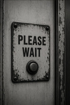 Push Button With Please Wait Sign, Metallic Texture, Grunge Surface, Call Button For Service, Communication Concept
