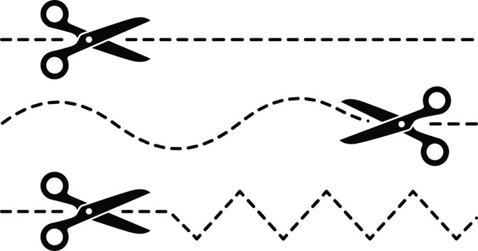 Scissors with Dashed Cut Lines Icon Set Featuring Straight Wave and Zigzag Patterns for Coupon Voucher and Craft Designs