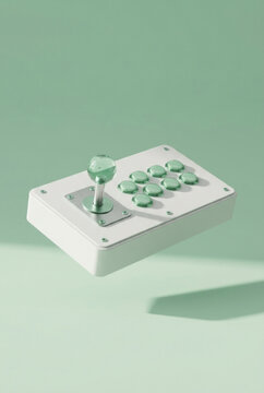 Arcade Fight Stick Controller With Green Buttons On Pastel Green, Gaming Concept, Retro Console, E-sports, Competitive Play, Minimalist Design