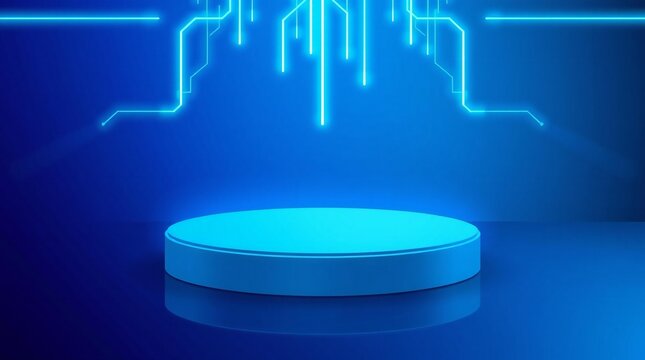Futuristic blue neon podium with glowing circuitry background