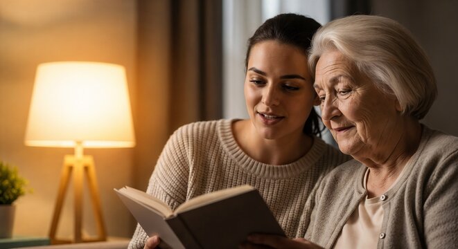 Sharing quiet moments with elderly woman reading book together with caregiver in cozy home setting. Loving interaction fosters emotional connection and support in caring environment.