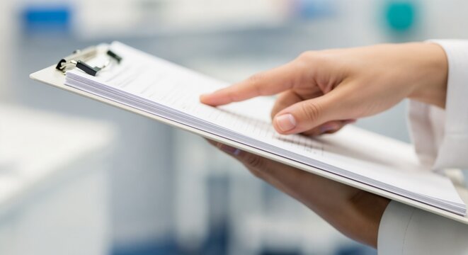 Hand holding clipboard with document details and finger pointing at information in medical environment. Clipboard displays important data with an emphasis on accuracy and clarity.